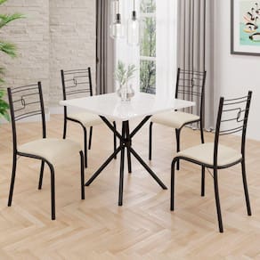 Conjunto Sala de Jantar Mesa Quadrada 70x70cm Tampo Mdp Off White 4 Cadeiras Paraty Creme / Preto Fosco