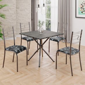 Conjunto Sala de Jantar Mesa Quadrada 70x70cm Tampo Mdp Ardósia Indiana 4 Cadeiras Paraty Preto Floral / Mart Prata