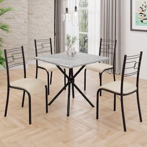 Conjunto Sala de Jantar Mesa Quadrada 70x70cm Tampo Granito Topázio 4 Cadeiras Paraty Creme / Preto Fosco