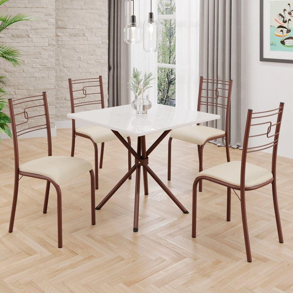 Conjunto Sala de Jantar Mesa Quadrada 70x70cm Tampo Mdp Off White 4 Cadeiras Paraty Creme / Marrom