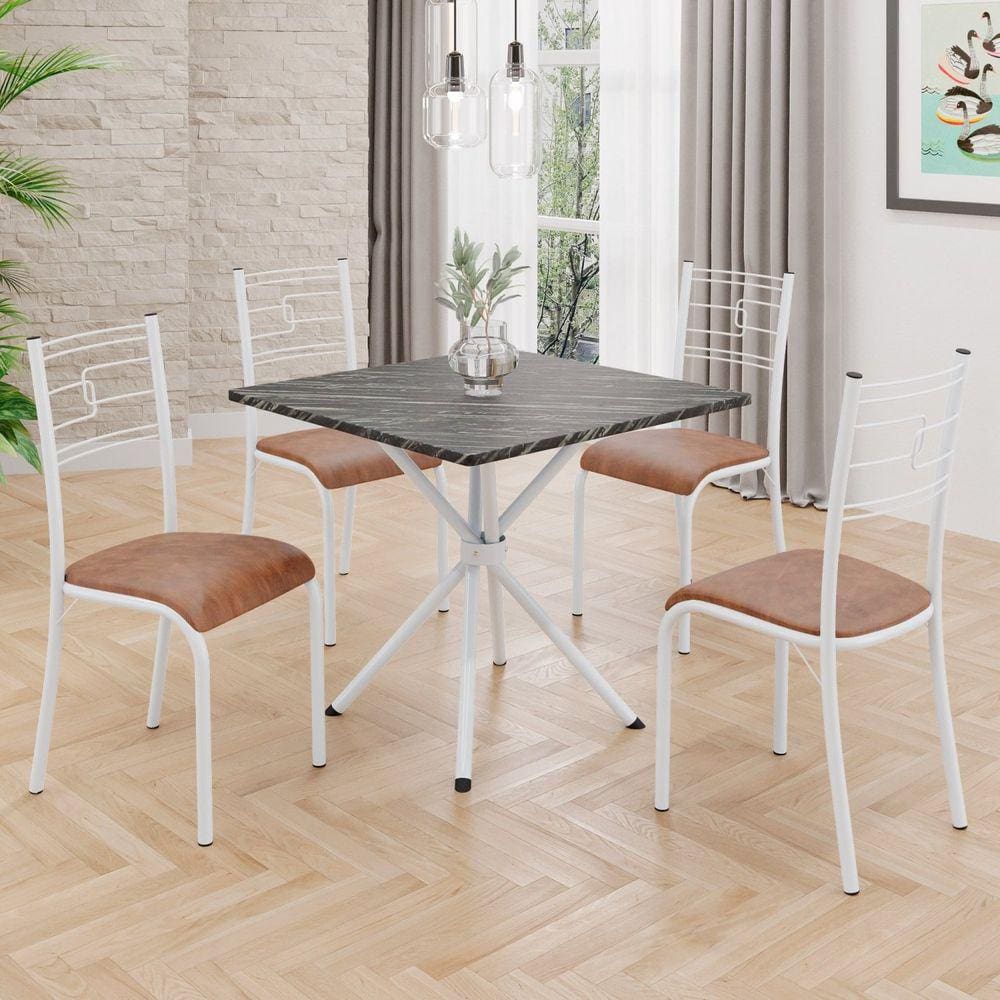 Conjunto Sala de Jantar Mesa Quadrada 70x70cm Tampo Mdp Ardósia Indiana 4 Cadeiras Paraty Courino Marrom / Branco