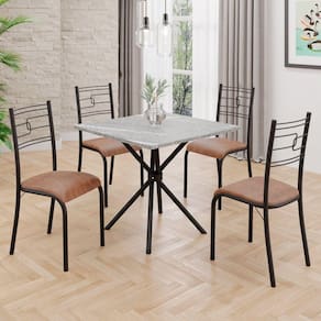Conjunto Sala de Jantar Mesa Quadrada 70x70cm Tampo Granito Topázio 4 Cadeiras Paraty Courino Marrom / Preto Fosco