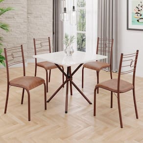 Conjunto Sala de Jantar Mesa Quadrada 70x70cm Tampo Mdp Off White 4 Cadeiras Paraty Courino Marrom / Marrom