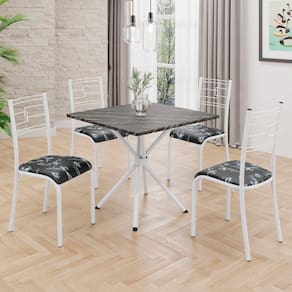 Conjunto Sala de Jantar Mesa Quadrada70x70cm Tampo Ardósia Indiana 4 Cadeiras Paraty Preto Floral / Branco