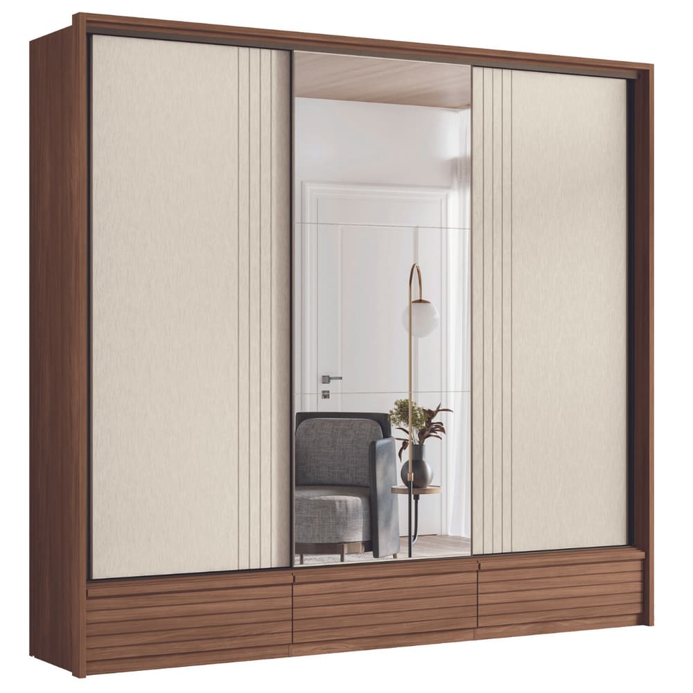 Roupeiro 3 Portas Ripado Com Espelho Flex Braga Jatoba Areia