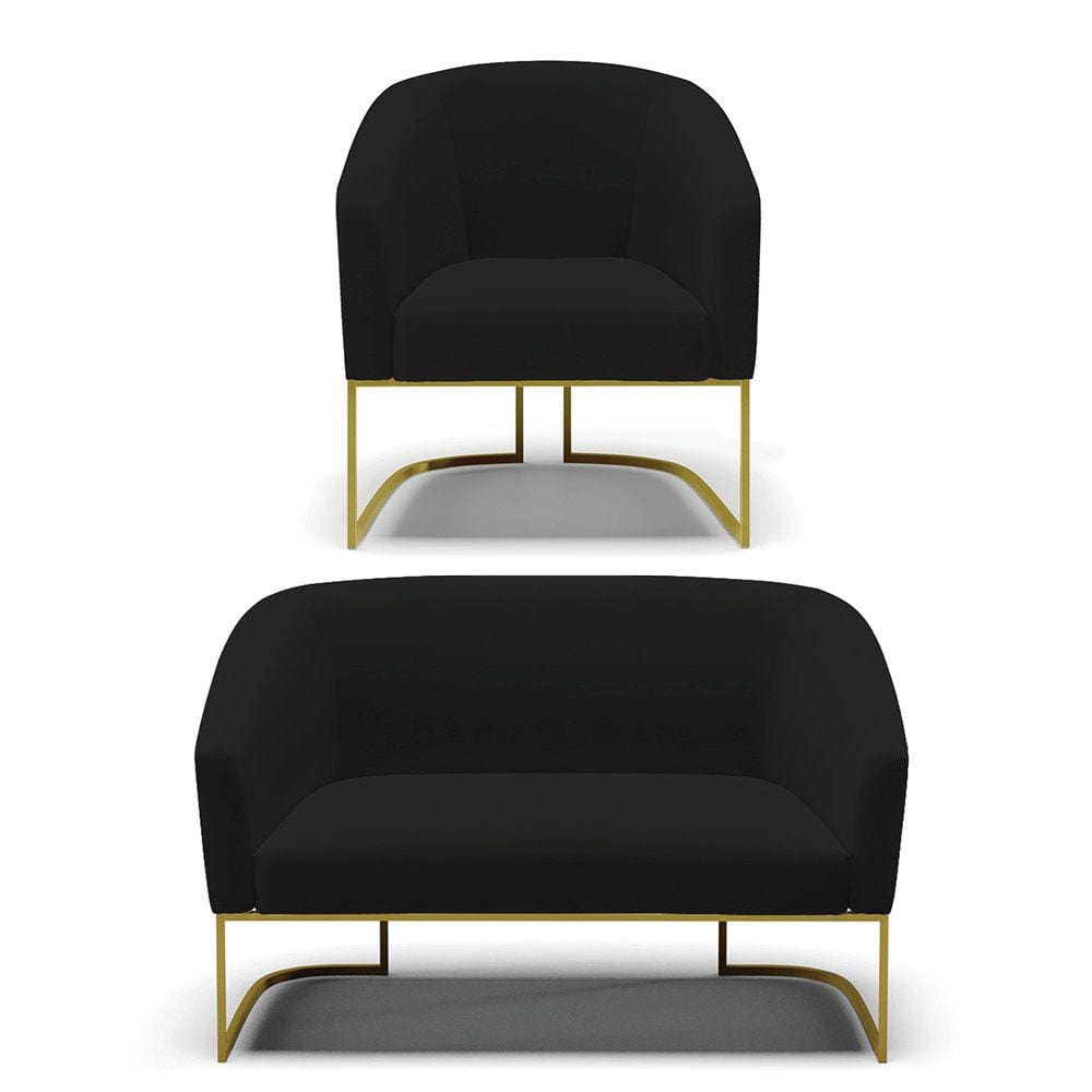 Sofá Namoradeira e Poltrona Base Industrial Dourado Stella Linho Preto A79 D03 - D`Rossi