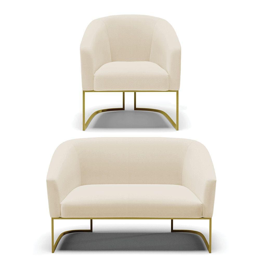 Sofá Namoradeira e Poltrona Base Industrial Dourado Stella Linho Bege A19 D03 - D`Rossi