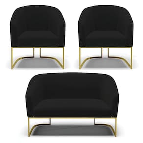 Namoradeira e 2 Poltronas Base Industrial Dourado Stella Linho Preto A79 D03 - D`Rossi