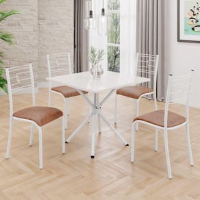 Conjunto Sala de Jantar Mesa Quadrada 70x70cm Tampo Mdp Off White 4 Cadeiras Paraty Courino Marrom / Branco