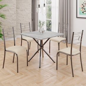 Conjunto Sala de Jantar Mesa Quadrada 70x70cm Tampo Granito Topázio 4 Cadeiras Paraty Creme / Mart Prata