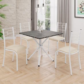 Conjunto Sala de Jantar Mesa Quadrada 70x70cm Tampo Mdp Ardósia Indiana 4 Cadeiras Paraty Creme / Branco