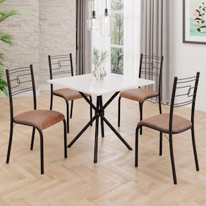 Conjunto Sala de Jantar Mesa Quadrada 70x70cm Tampo Mdp Off White 4 Cadeiras Paraty Courino Marrom / Preto Fosco