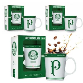 Kit 3 Canecas Porcelana Xícara Branca Verde Premium 260Ml