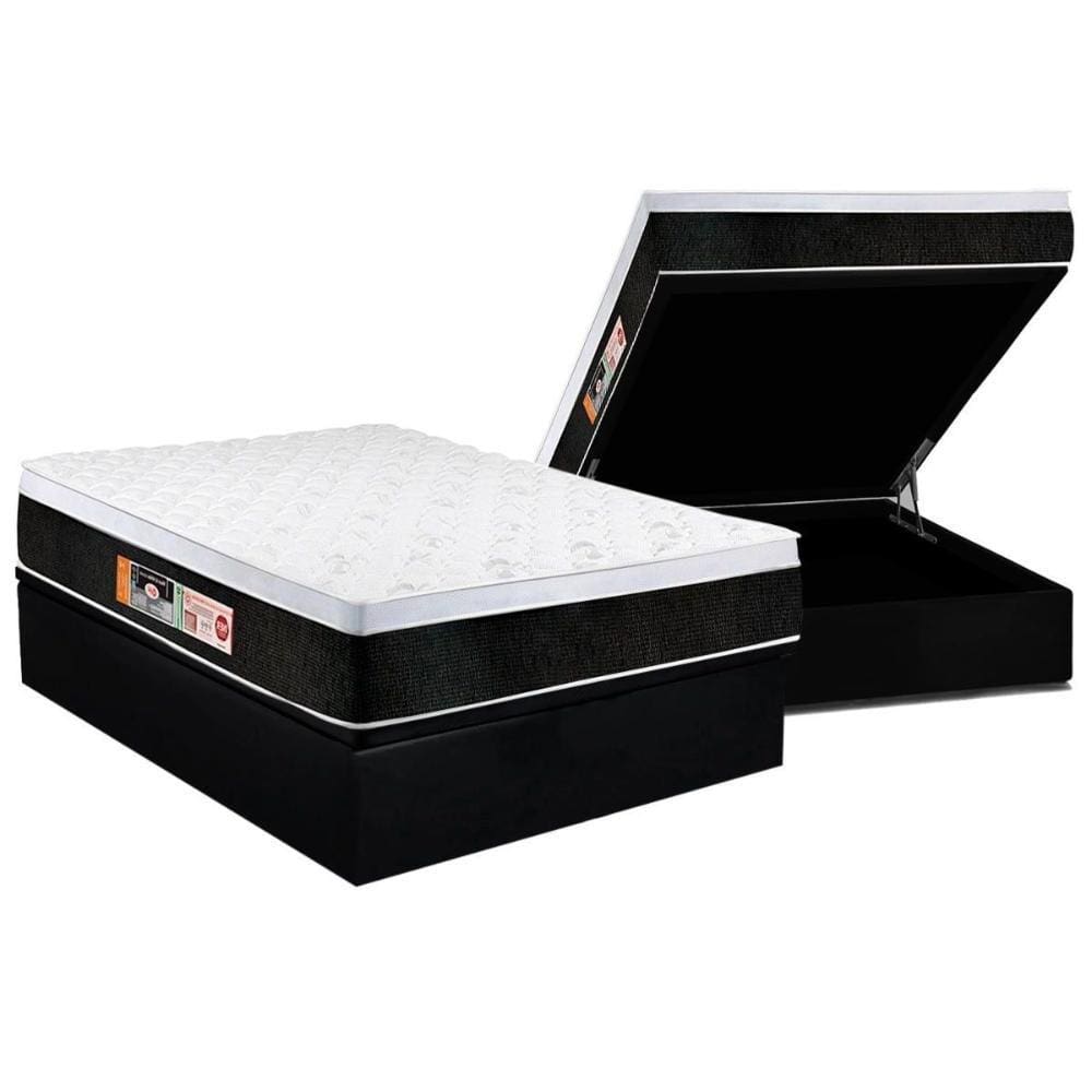Cama Box Baú Casal: Colchão Espuma Castor D45 Black e White Air Euro Pillow + Base CRC Courano Black(138x188)