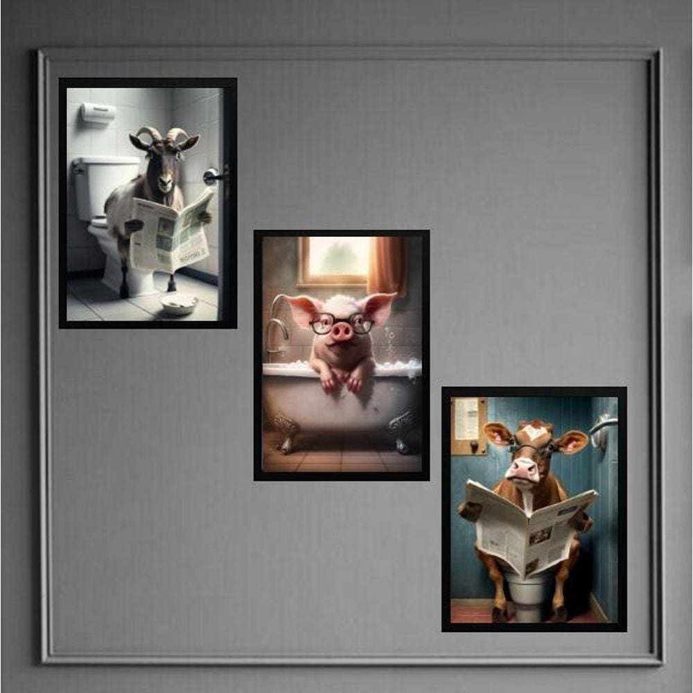 Kit 3 Quadros Divertidos Banheiro Fazenda 33X24Cm