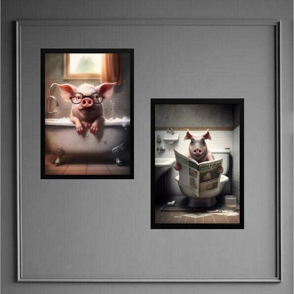 Kit 2 Quadros Divertidos Banheiro - Porco 33X24Cm