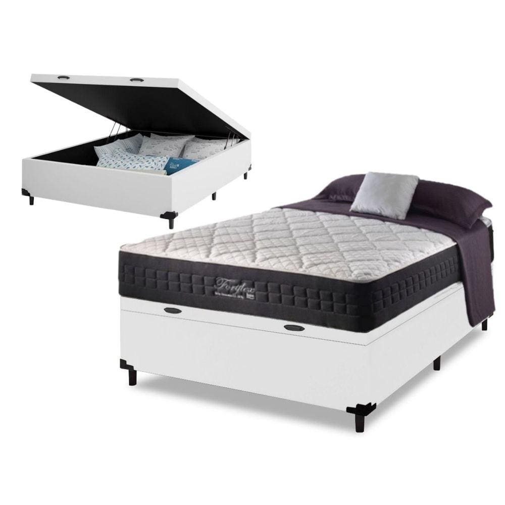 Colchão FortFlex 200kg por Pessoa - Tamanho Casal Molas Ensacadas Anjos + Cama Box Com Baú Branco 138x188x72