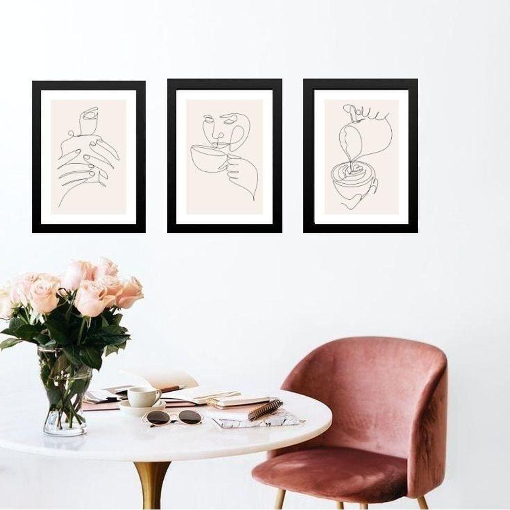 Kit 3 Quadros Cozinha Minimalista Café Bege E Branco 24X18Cm