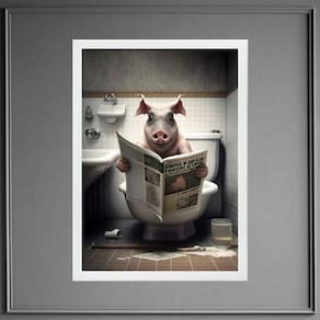 Quadro Porco No Banheiro Lendo Jornal 24X18Cm