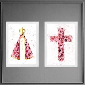 Kit 2 Quadros Nossa Senhora E Cruz Flores 24X18Cm - Vidro