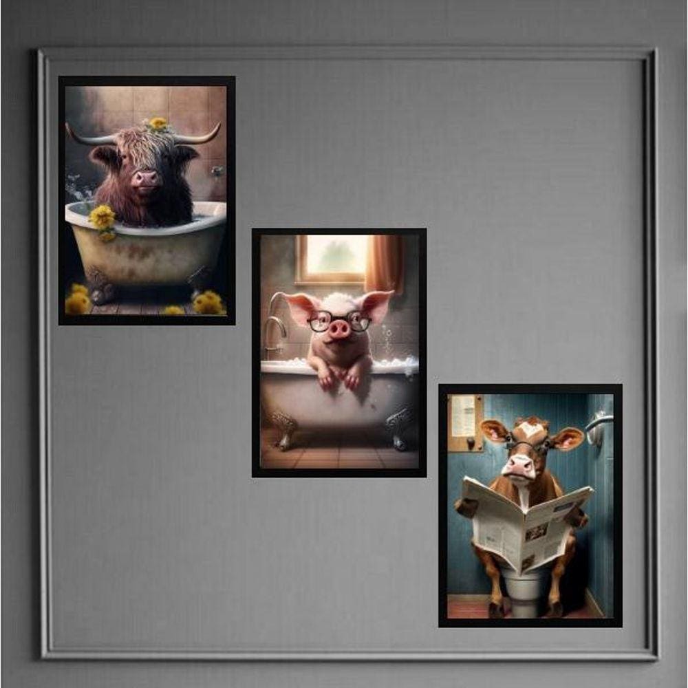 Kit 3 Quadros Divertidos Banheiro De Sítio 33X24Cm - Com Vidro
