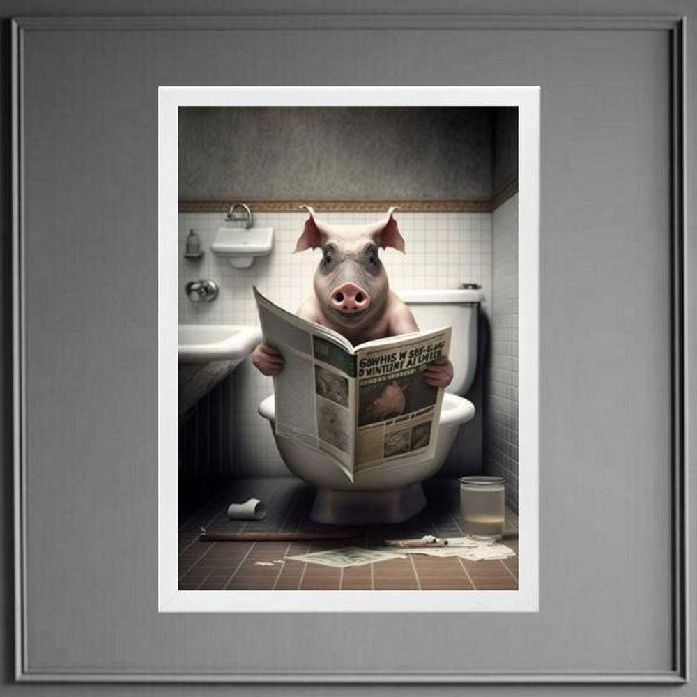 Quadro Porco No Banheiro Lendo Jornal 33X24Cm - Com Vidro