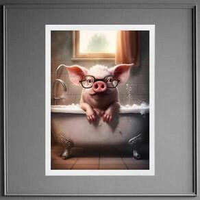 Quadro Divertido Para Banheiro - Porquinho 45X34Cm - Com Vidro