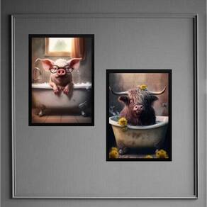 Kit 2 Quadros Divertidos Banheiro - Porco E Boi 33X24Cm - Com Vidro