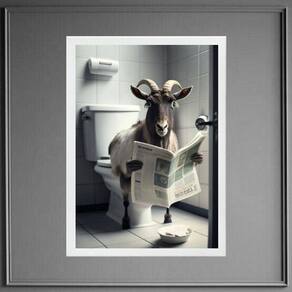 Quadro Bode No Banheiro Lendo Jornal 24X18Cm - Com Vidro