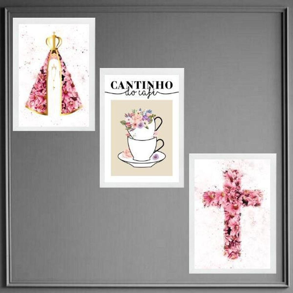 Kit 3 Quadros Cantinho Café Nossa Senhora Flores 33X24Cm