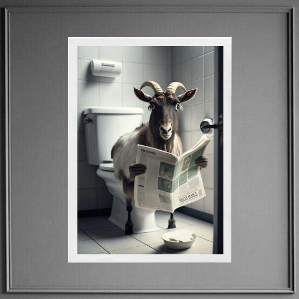 Quadro Bode No Banheiro Lendo Jornal 45X34Cm - Com Vidro