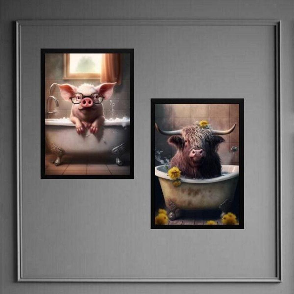 Kit 2 Quadros Divertidos Banheiro Porco E Boi 33X24Cm Vidro