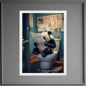Quadro Panda No Banheiro Lendo Jornal 33X24Cm - Com Vidro