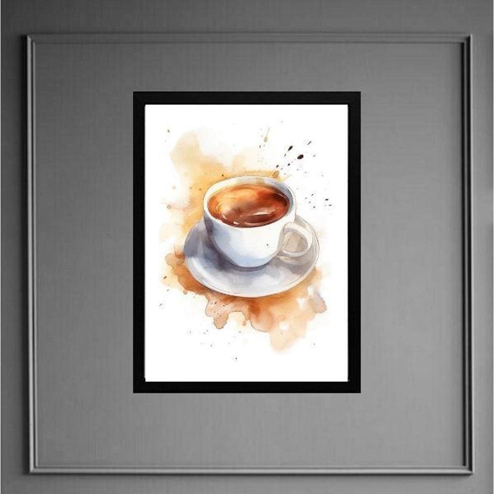 Quadro Cozinha Xícara De Café - Aquarela 33X24Cm - Com Vidro
