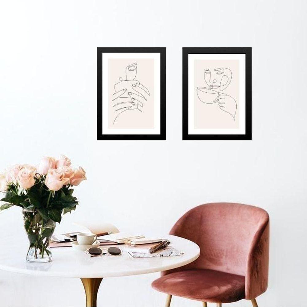 Kit 2 Quadros Café Minimalista One Line 45X34Cm - Com Vidro