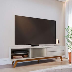 conjunto de rack veneza 1 pt 2 gv com painel para tv até 75 polegadas nilo off white e freijó