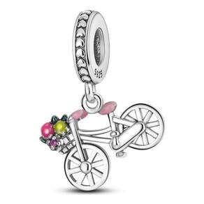 Berloque Pingente Charms Bicicleta Cesta Flores Prata 925