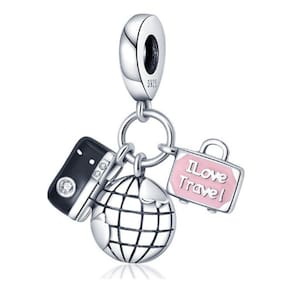 Berloque Travel Viagem Mala Globo Câmera Prata 925