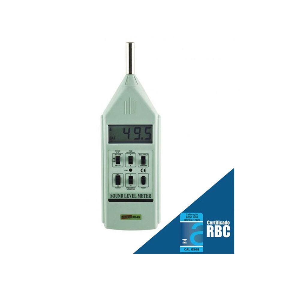 Decibelímetro Digital Faixa Medição 30 A 130db Ponderação A C Dec-416 Portátil Estojo Com Certificado Calibração Rbc