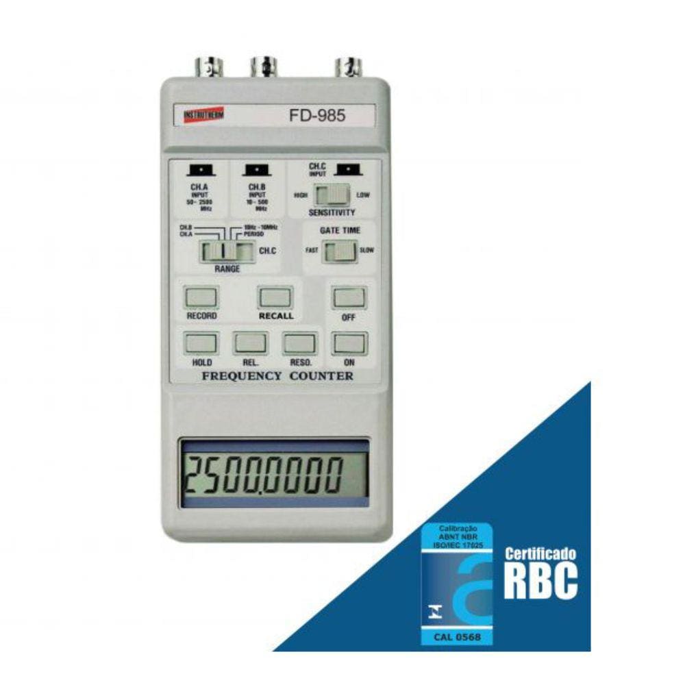 Frequencímetro Digital 2,5Ghz Memória Mín Média Máx Hold Bnc 3 Canais Antena Fd-985 Portátil Instrutherm Certificado Rbc