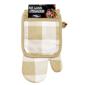 Kit Luva E Pegador Estampado Xadrez Bege Jolitex