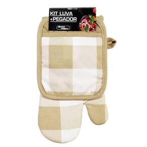 Kit Luva E Pegador Estampado Xadrez Bege Jolitex