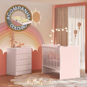 Quarto de Bebê Doce Sonho com Cômoda 777 e Berço Simples 1 Qmovi Rosa Acetinado + Colchão Gazin
