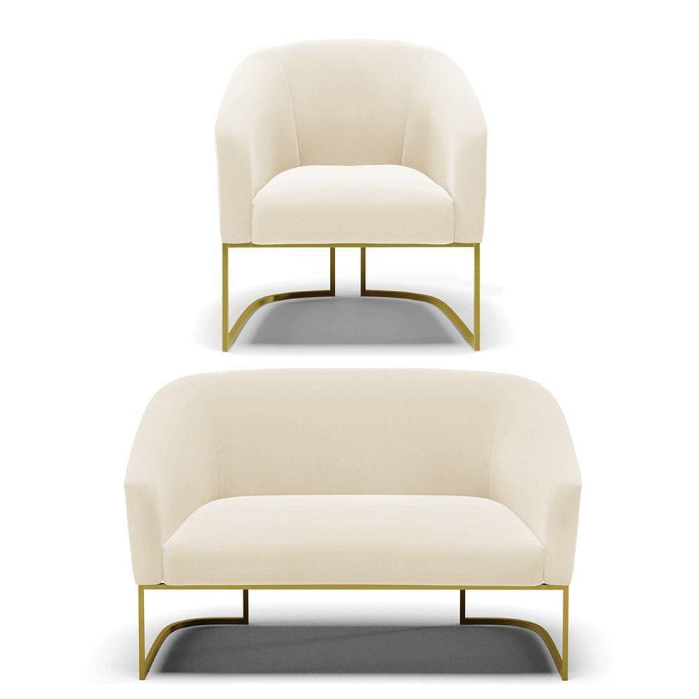 Sofá Namoradeira e Poltrona Base Industrial Dourado Stella Veludo Bege D03 - D`Rossi