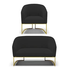 Sofá Namoradeira e Poltrona Base Industrial Dourado Stella Veludo Preto D03 - D`Rossi