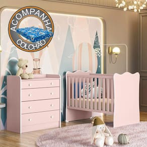 Quarto de Bebê Doce Sonho com Cômoda 2523 e Berço Simples 1 Qmovi Rosa Acetinado + Colchão Ortobom