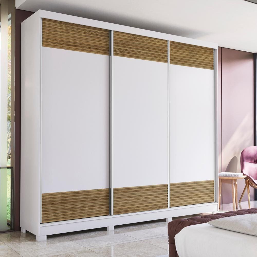 Guarda-Roupa Casal 100% MDF Kappesberg c/Pés 3 Portas de Correr 6 Gavetas Branco/Nogueira