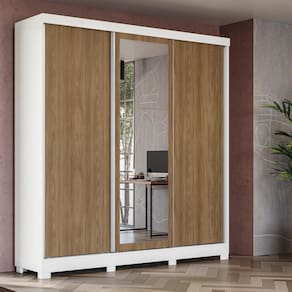 Guarda-Roupa Casal Kappesberg 3 Portas Reversiveis de Correr 3 Espelhos 4 Gavetas Branco/Nogueira