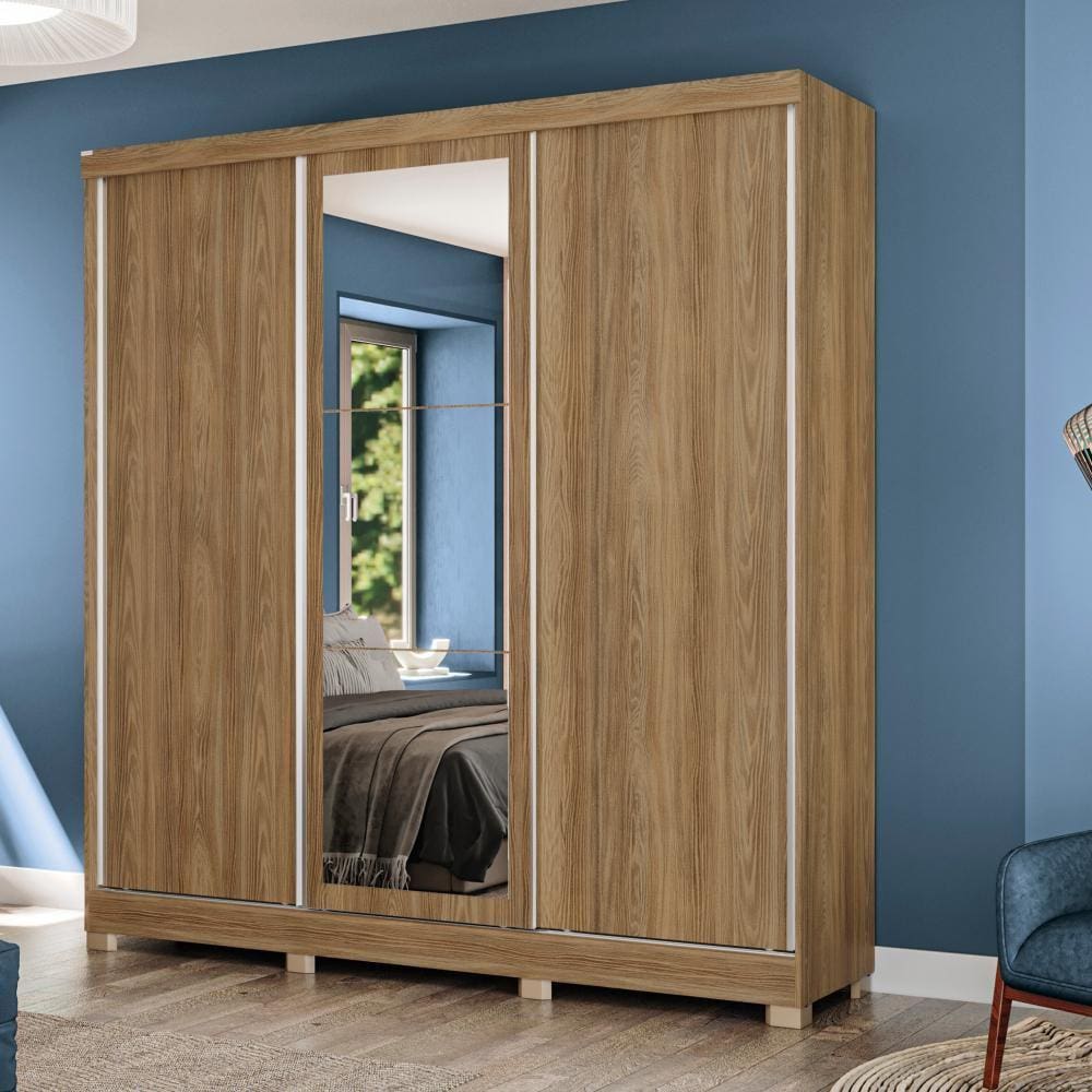 Guarda-Roupa Casal Kappesberg 3 Portas Reversiveis de Correr 3 Espelhos 4 Gavetas Nogueira