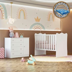 Quarto de Bebê Doce Sonho com Cômoda 2561 e Berço Simples 1 Qmovi Branco + Colchão Ortobom